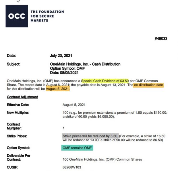 OCC publication of the contract adjustment